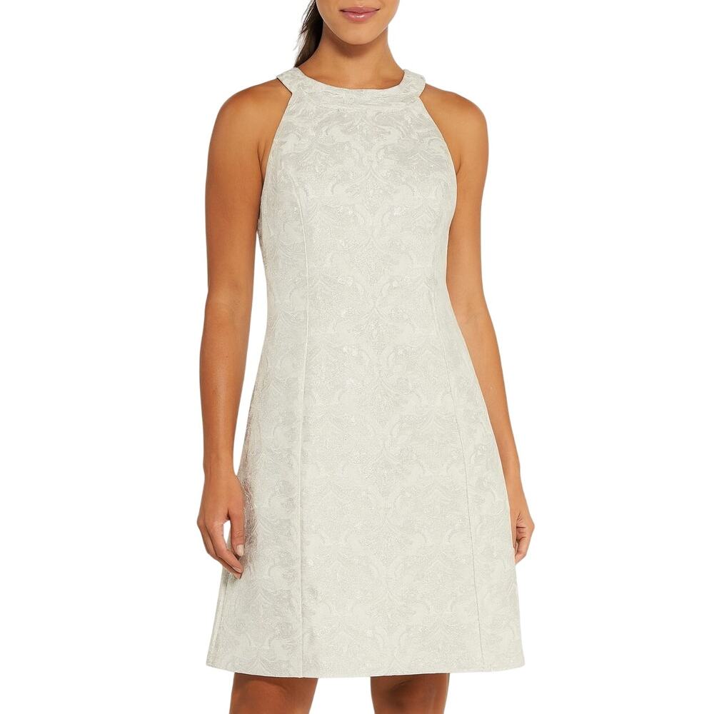 Ann Taylor Ivory Metallic Floral Jacquard Print Sleeveless A-Line Halter Dress 2